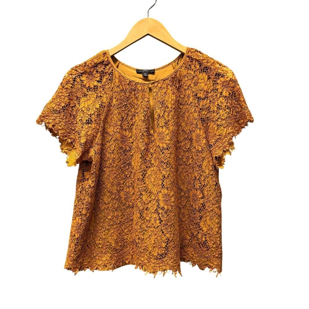 J Crew Blouse Lace Overlay Keyhole‎ Front Copper Pullover Top Womens Medium